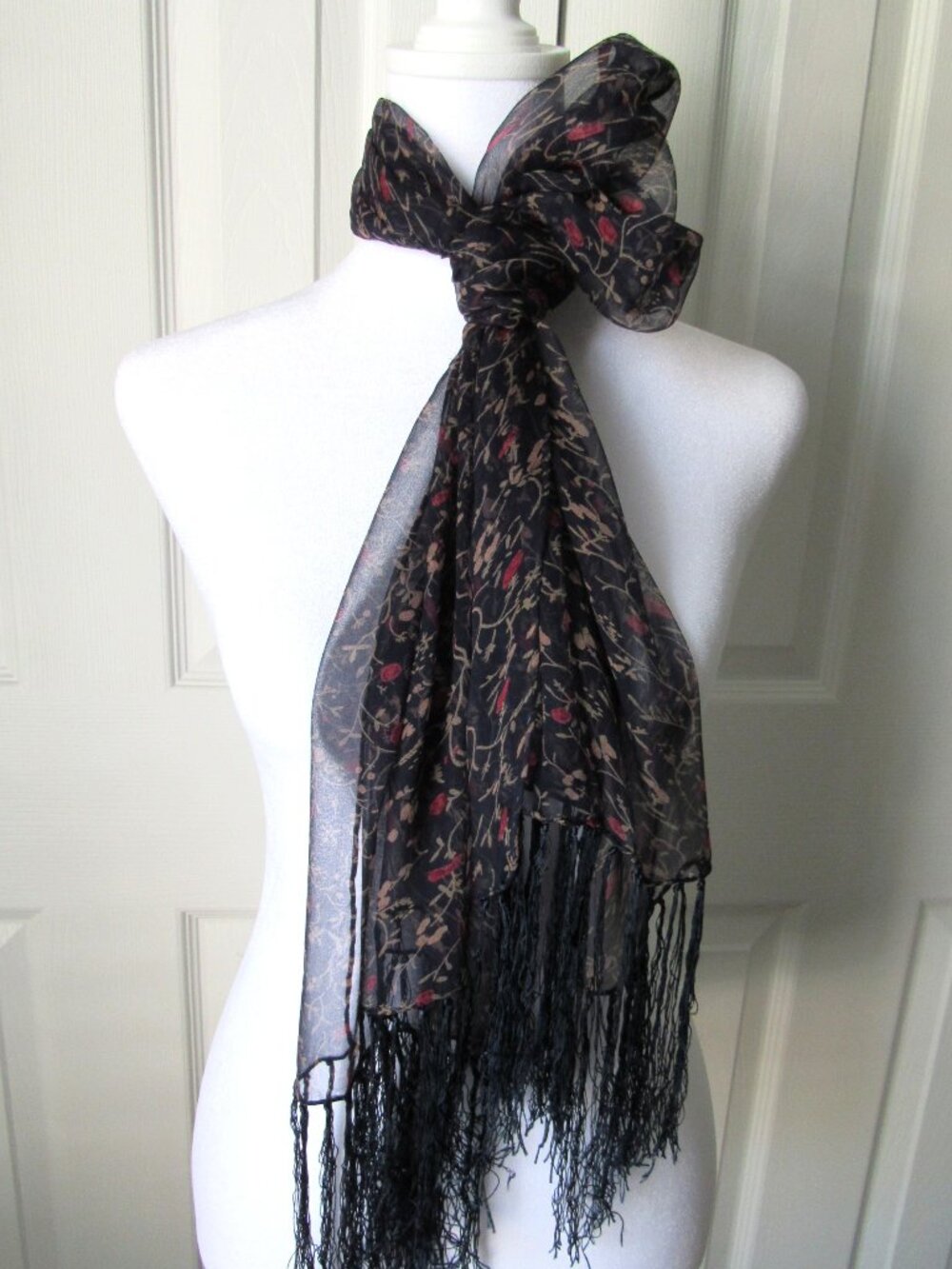 Lovely Red Flower Black Sheer SCARF Fringe 100% Silk Long Elegant
